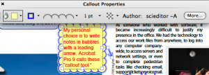 The Properties toolbar in Adobe Acrobat Pro 9 changes depending on the element selected.
