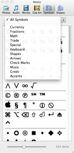 screen shot of Word's Symbol browser showing categories.
