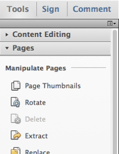 screen shot of the Tools panel showing the Pages section and Rotate icon