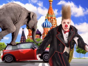 clown running from an elephant stepping on a car
