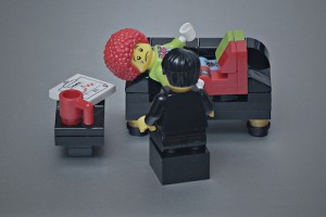 clown on psychiatrist couch in Lego figures
