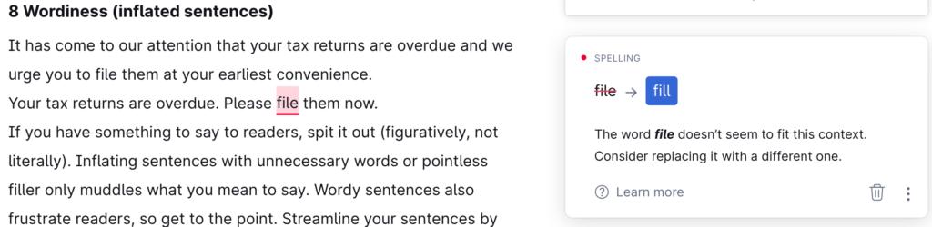 Grammarly suggests "the word file doesn't seem to fit in this context [Your tax returns are overduce. Please file them now.] Consider replacing it with a different one."
