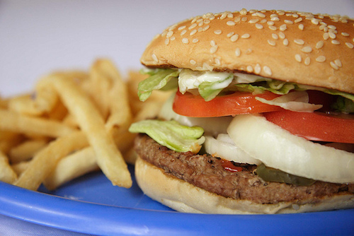 close up photo of hamburger with French fries