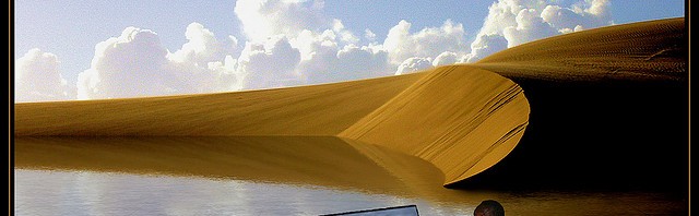 illustration of man laying water tiles over a desert