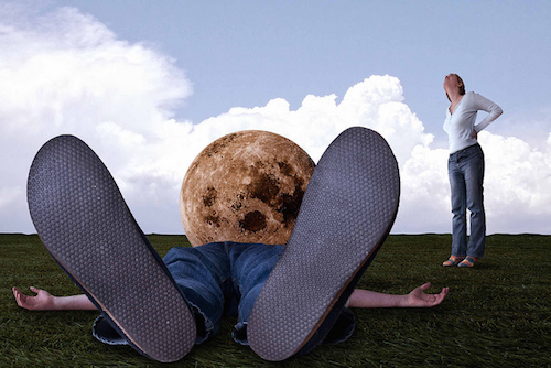 moon fell on a man, with woman standing beside looking skyward