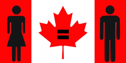 overlay of male and female body icons on a Canadian flag, indicating genders are equal in Canada