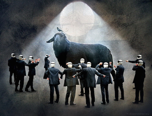 masked people pointing at a giant sheep, surreal