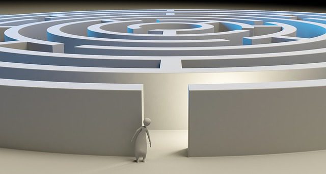 Illustration of a figure peeking into maze