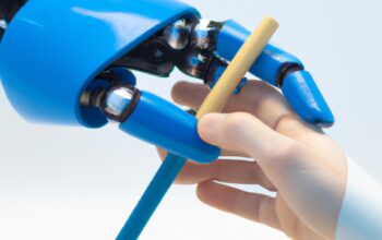 A robot hand tries to take a blue pencil from a human hand. Picture obviously AI-generated.