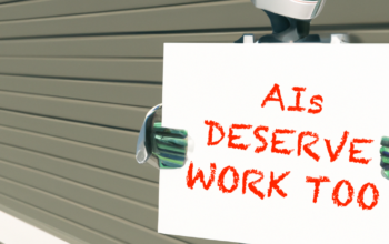 futuristic android holding a picket sign that reads "AIs deserve work too"