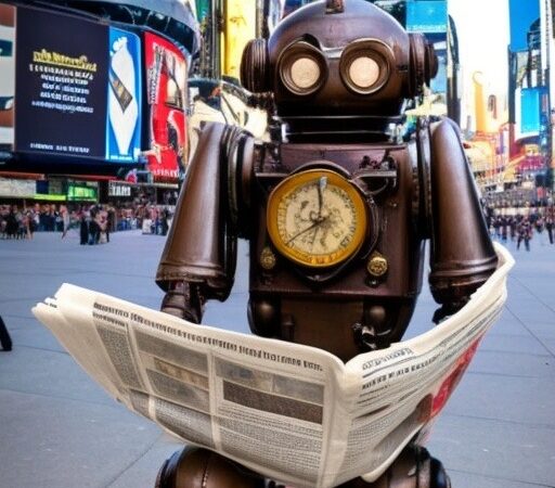 a photo-realistic picture generated by AI showing a steampunk robot reading the NYT newspaper in Times Square