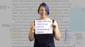 the speaker holds a sign saying "learn this and more in our Intro to Proofreading Course