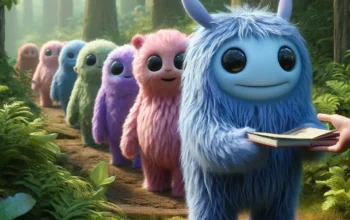colourful photorealistic illustration of a line of friendly looking fluffy monsters standing in a soft-lit forest with the last one handing a book to a human off-screen