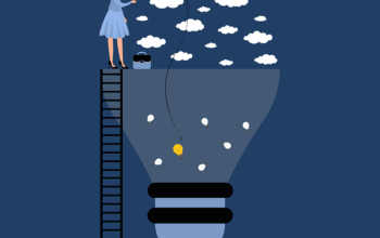 clip art of a woman standing on the top of a ladder with a fishing rod dipping into a giant light bulb shape with clouds at the top and water at the bottom